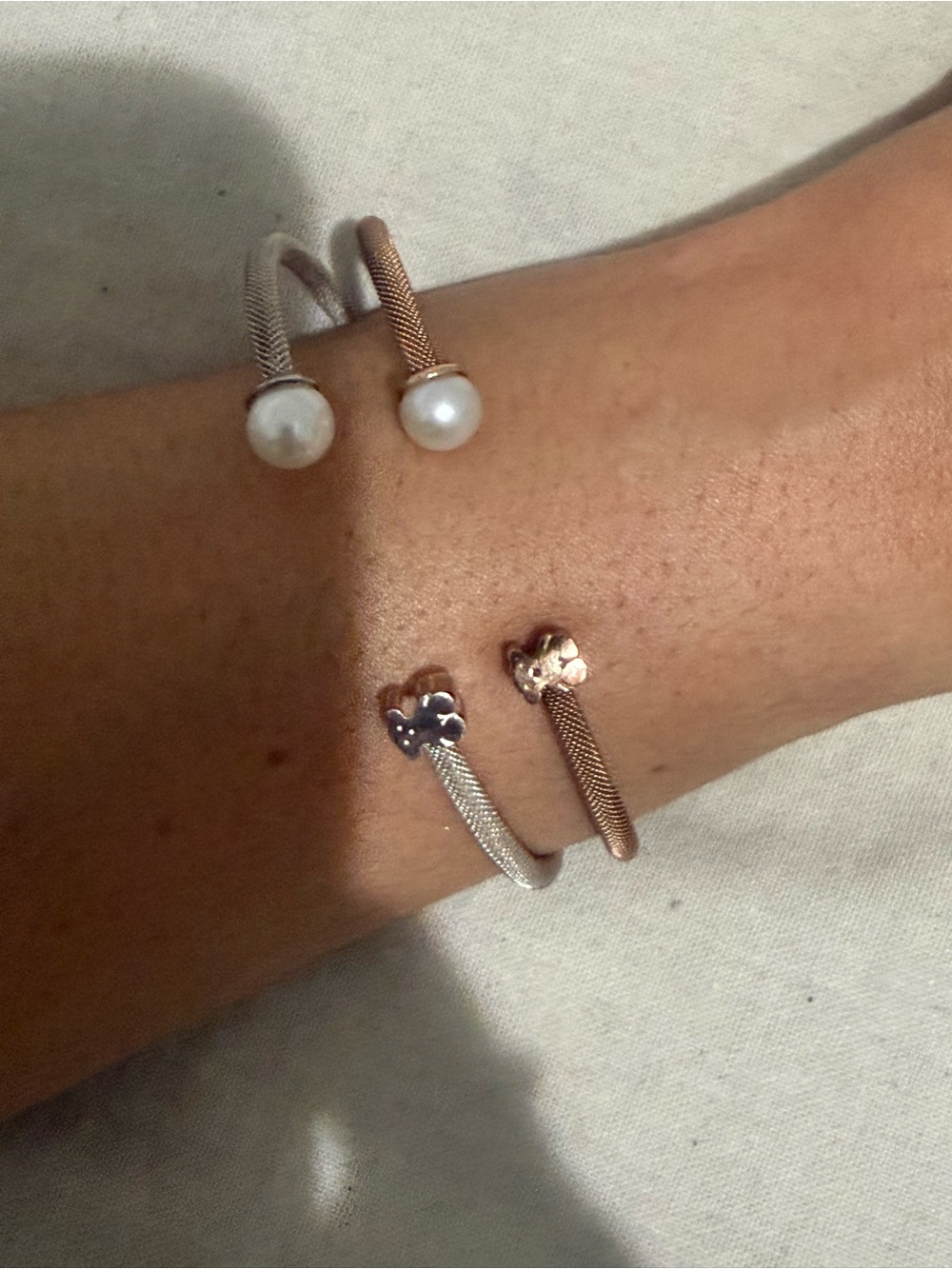 Tous Two-Tone Open Cuff Bracelets with Pearl Ends - Silver & Rose Gold